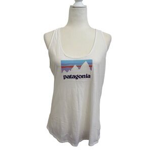 Patagonia White Tank Top with Multicolor Mountain Graphic Size L